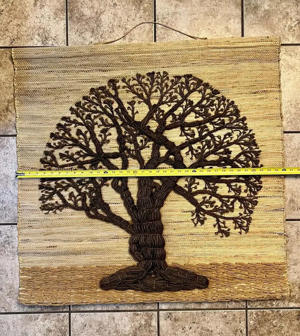 Vintage Tree of Life Jute Wall Hanging Fiber Art 36” Boho MCM